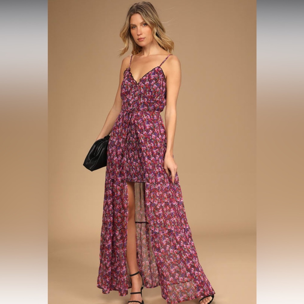 Lulus Set It Up Purple Multi Floral Maxi Ruffled Dress w/ Detachable Skirt Sz XS